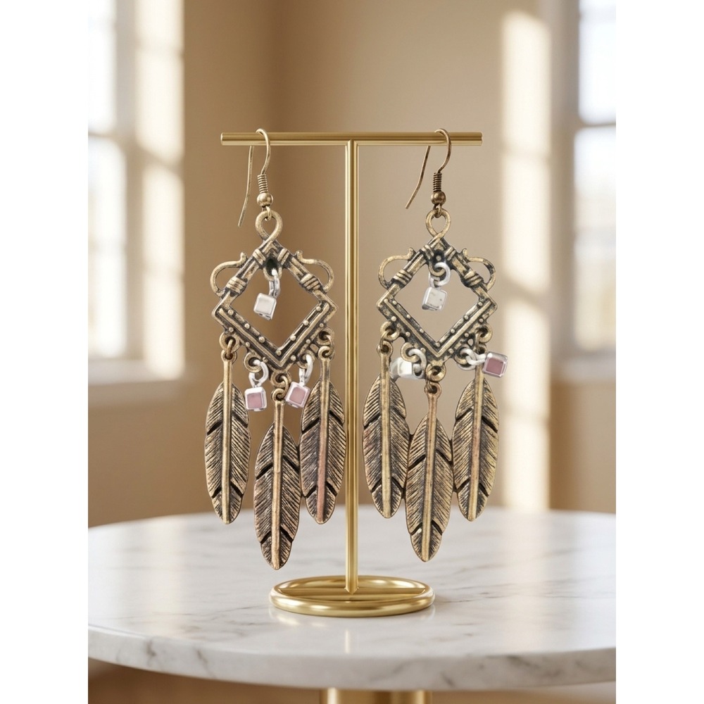 Boho Antique Gold Tone Feather Chandelier Earrings Hippie Style Bead Dangles - Picture 5 of 5